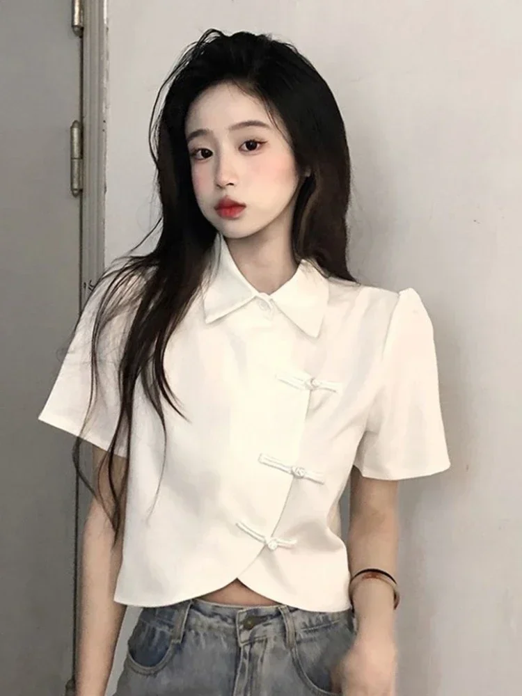 

Chinese Style Shirts Women Crops All-match Harajuku Popular Stylish Elegant Summer Sweet Lady Chic Simple Short Sleeve Vintage