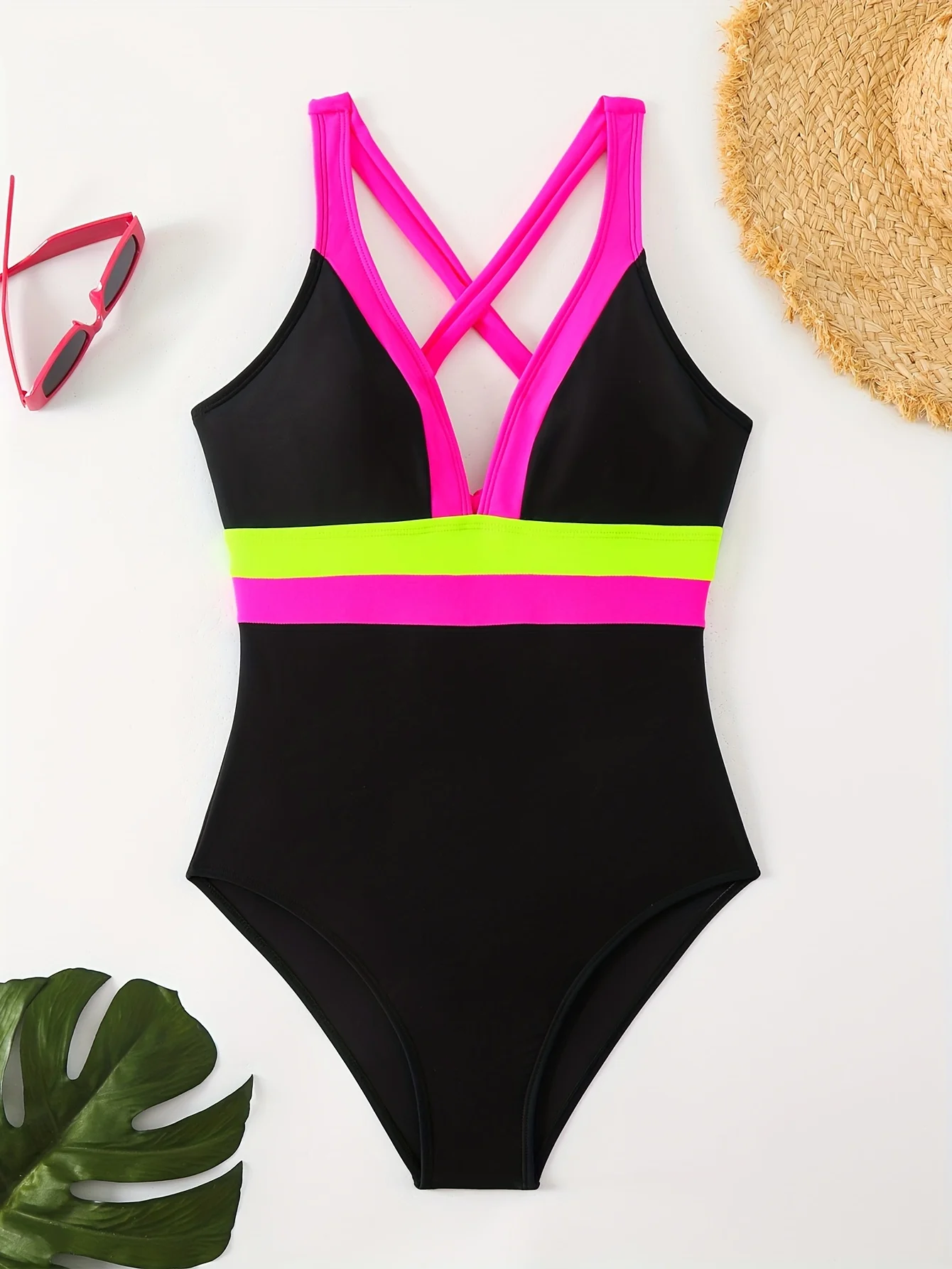 Foreign Trade One-Piece Swimsuit for Women in Candy Colors, Hot Color Matching, Contrasting Colors, Fashionable Beach Swimsuit