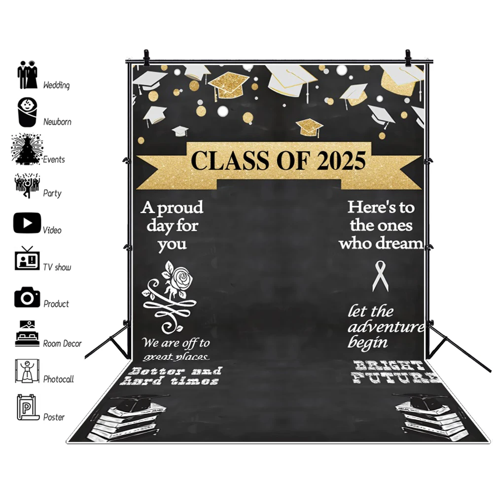 Graduation Backdrop for Photography Class of 2025 Congratulations Graduates Prom Party Glitter Balloon Bachelor Caps Background