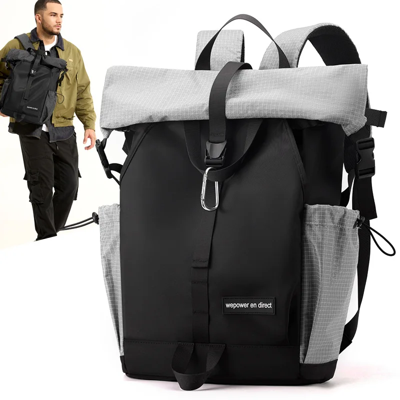 Roll-top functional men's backpack, multi-carrying style, water-resistant polyester, large-capacity laptop backpack, suitable for students, travel, and commuting