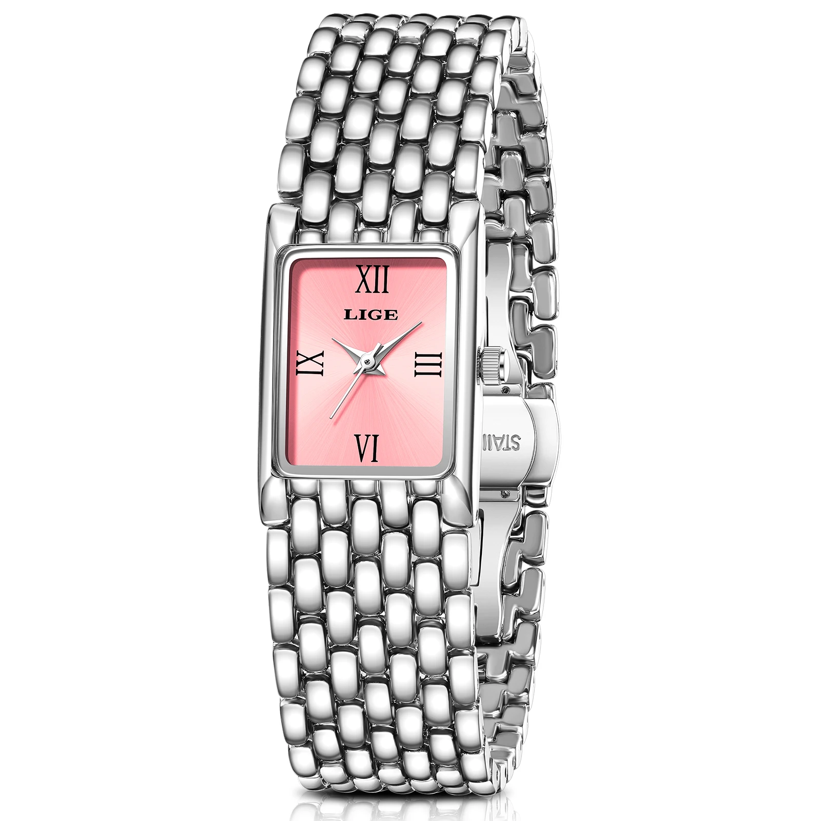 LIGE Luxus Frauen Uhren Mode Rechteck Frau Quarzuhr Edelstahl Band Armbanduhren Reloj Mujer + Box