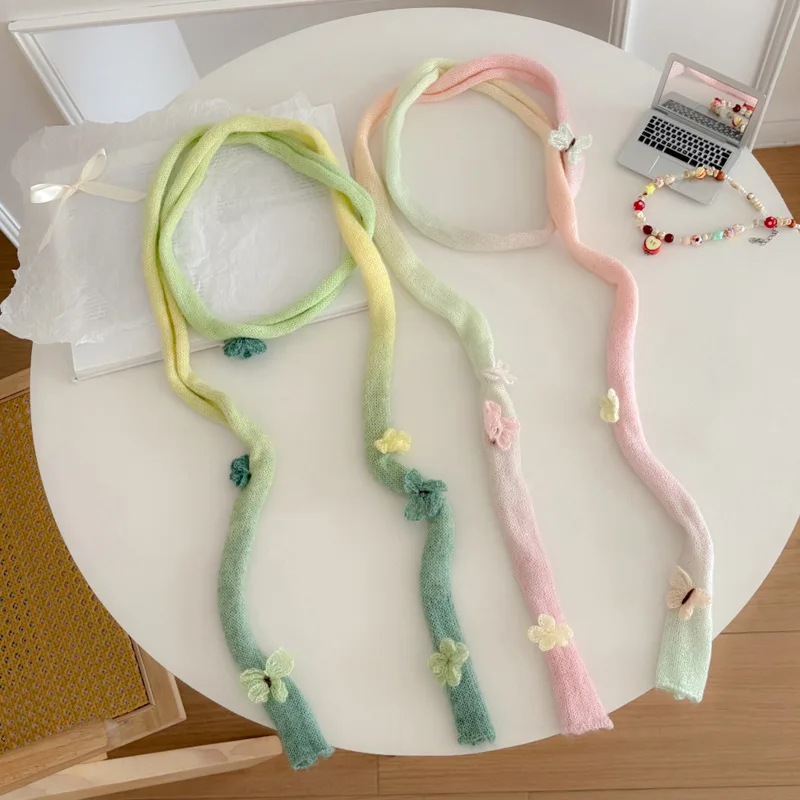 Fashion Design Decorate Fresh Butterfly Gradually Change Knitted Thin Scarf Women Autumn Winter Wear Narrow Wide Long Scarf Girl
