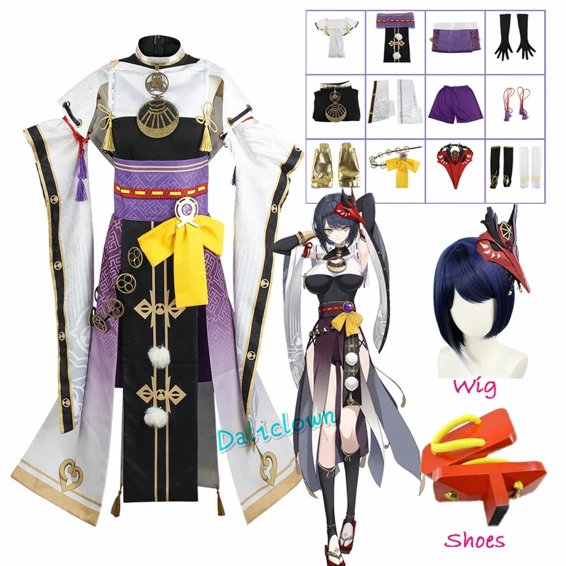 Disfraz de cosplay genshinimpact Kujo Sara para mujer, máscara, vestido, peluca, zapatos, conjunto completo, Inazuma, fiesta de Halloween, traje de juego de rol