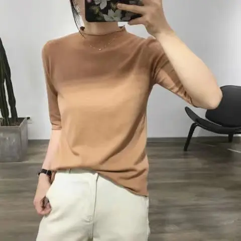 Minimalist French Style Five Quarter Sleeved Base Shirt for Women's T-shirt with Half High Collar Inside Spring and Autumn Mid