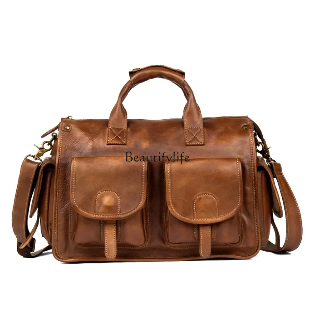 Hand-Brushed Handbag Top Layer Vegetable Tanning Leather Single-Shoulder Laptop Backpack