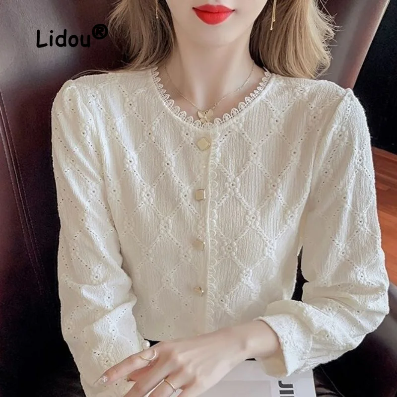 Casual Office Lace Flower Side Blouse Women New Long Sleeve Classic Embroidered Personality Button O-collar Slim Lady Shirt 2022