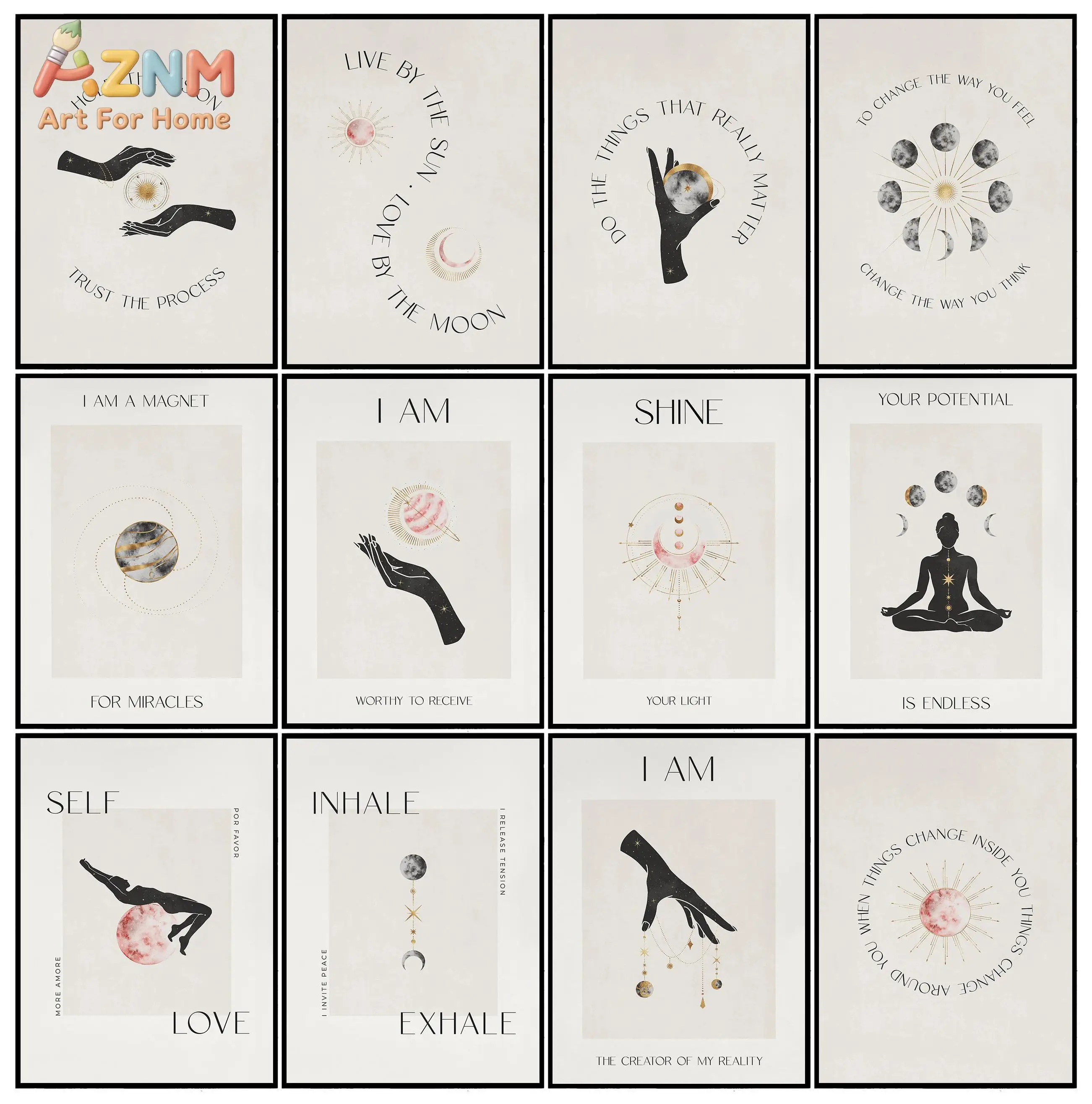 AZNM Boho Celestial Positive Affirmation Canvas Wall Art Print, Moon Phase Hand Yoga Motivational Spiritual Neutral Bedroom Aest