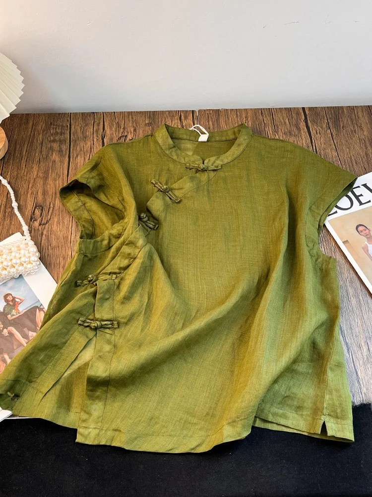 جديد الصينية Sle المرأة الكتان irt الصيف خمر الوطنية Sle غير المتكافئة هملين تحسين أعلى زر التفاصيل #2