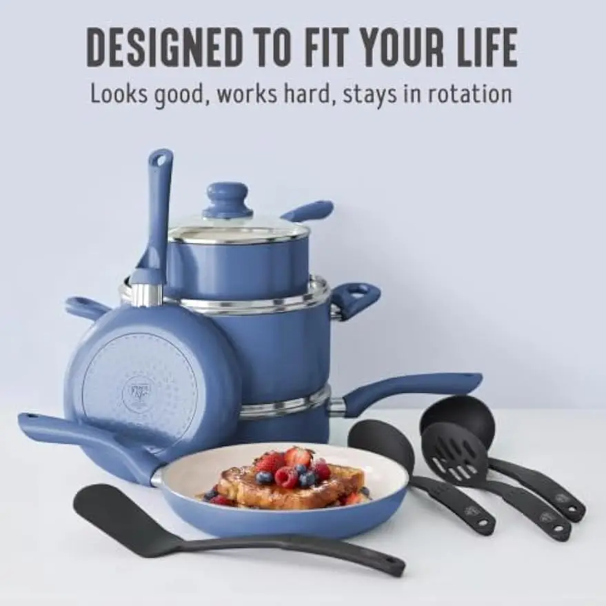 Slate Blue 16 Piece Nonstick Ceramic Pots Pans Cookware Set