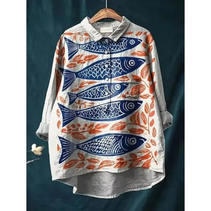 Men's Bohemian Geometric Line Print Shirt with Contrast Splicing Collar and Seven Cent Sleeve