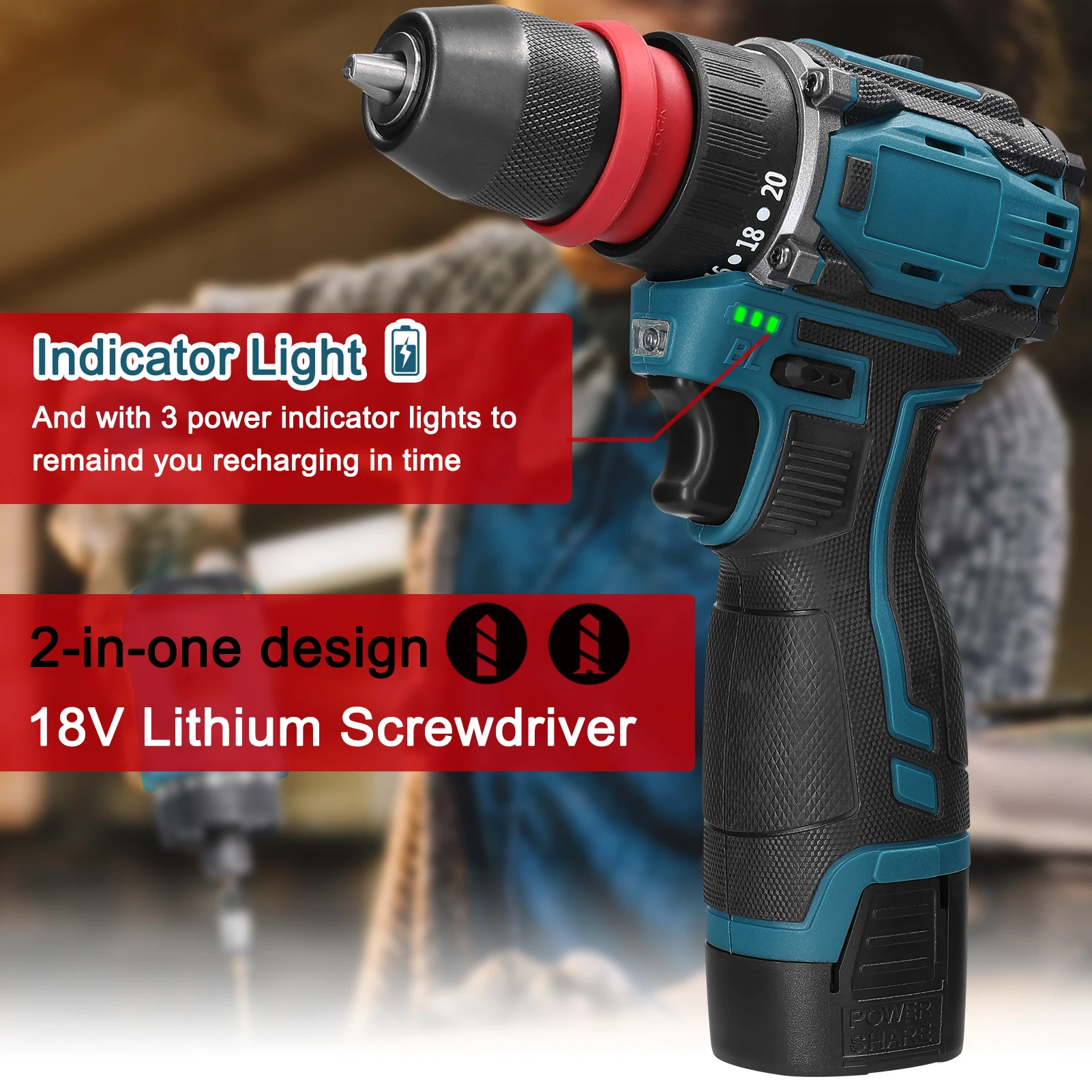 18V 2in1 Lithium Drill Electric Screwdriver Multi-function Power Tool 45Nm Torque Brushless Motor Practical Screw Driver