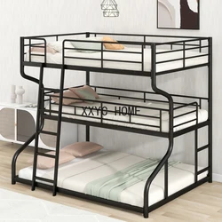 Full XL over Twin XL over Queen Size bed,Triple Bunk Bed with Safety guardrail,Long and Short Ladder,Unique curved metal frame