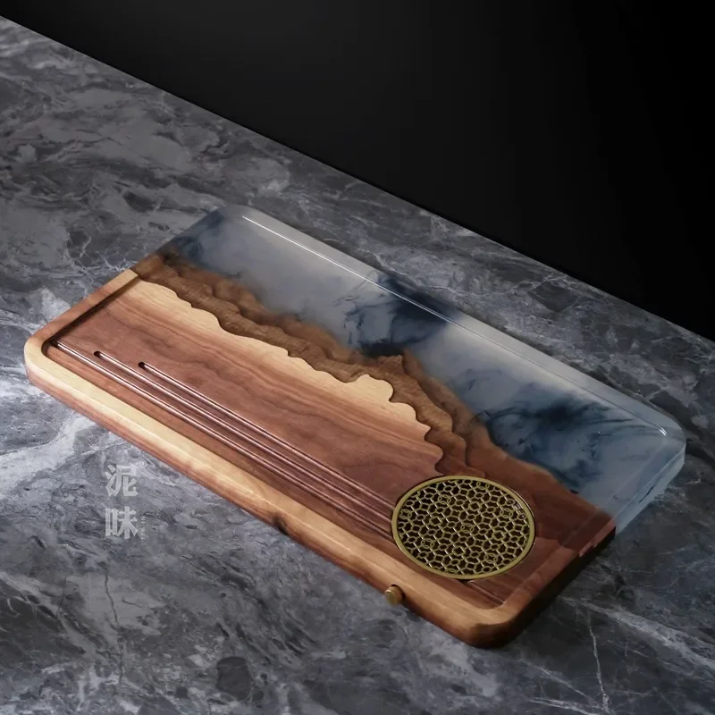 Walnut solid wood tea tray epoxy resin river drainage tray zen