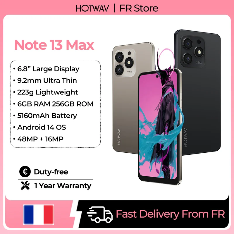 HOTWAV Note 13 Max, Teléfono Móvil Ultrafino de 9.2mm, Pantalla HD+ de 6.8'', Android 14, 6GB de RAM, 256GB de ROM, Teléfono Celular Octa-core, Cámara de 48MP + 16MP, Batería de 5160mAh, Ligero