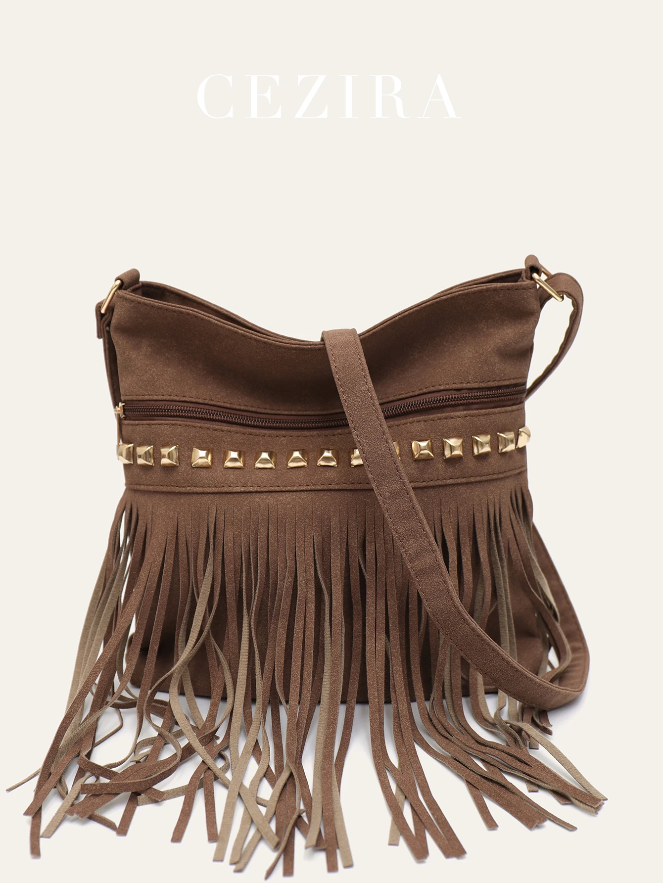 CEZIRA Faux Suede PU Leather Shoulder Bag Women Bohemia Style Tassel Fringe Handbags Rivets Decor Cross body Zipper Purse Hippie