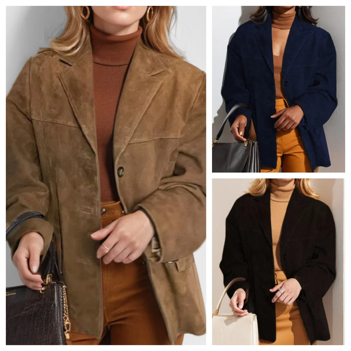 

Vintage Brown Blazer Women Suede Leather Jacket Autumn Fashion Single Breasted Lapel Loose Coats Street Office Lady Outerwears