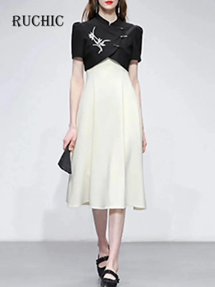 

2024 Summer Women's Fashion 2 Piece Set Elegant Slim Slip Dress with Stand Collar Embroidery Short Sleeve Mini Coat Suit Fashion
