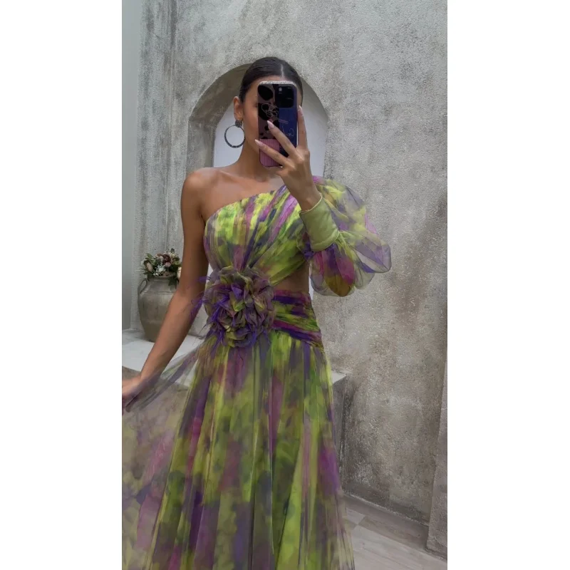 Zomer nieuwe DAMES asymmetrische schouder bloemenjurk met lange mouwen, hoogwaardige bloemenjurk met grote zoom