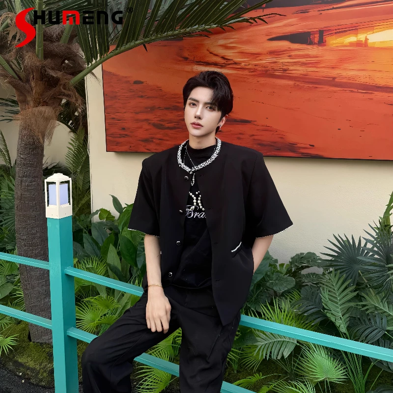 

Men's 2025 Summer New Stylish Loose Comfort Fashion Trend Tops Male Small Fragrant Pearl Short Sleeve Jacket Handsome Chic Coats