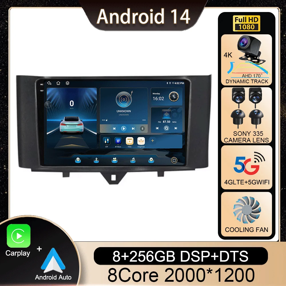 Android 14 Carplay Auto Car Raido For Mercedes Benz Smart Fortwo 451 2010-2015 Multimedia Video Player Autoradio GPS 4G Stereo