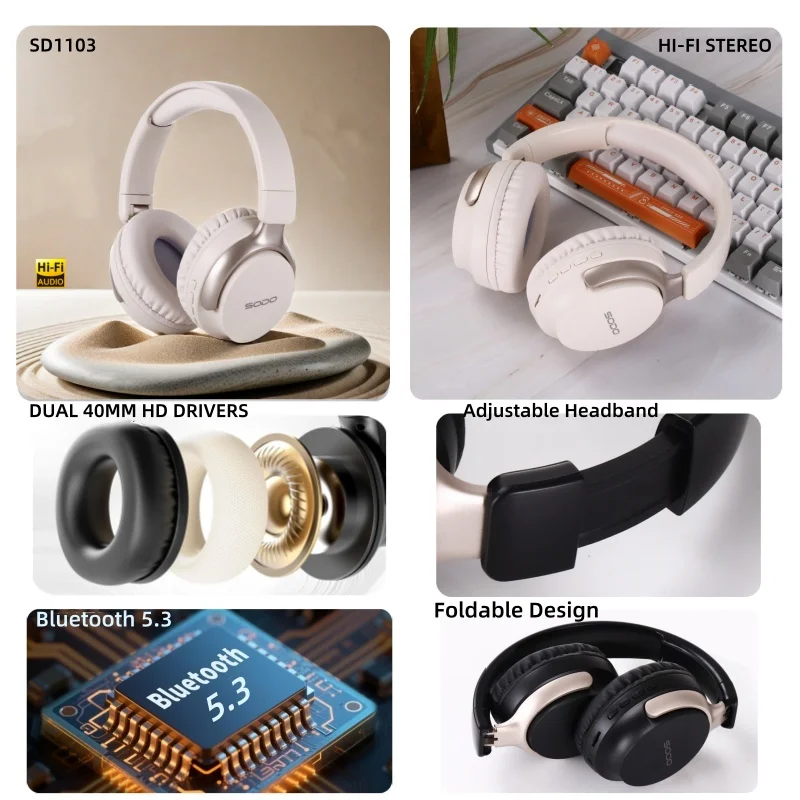 سماعات رأس SODO SD1103 لاسلكية تعمل بالبلوتوث 5.3 فوق الأذن، ستيريو HiFi وقت تشغيل 48 ساعة، سماعة رأس رياضية قابلة للطي مع دعم TF/AUX