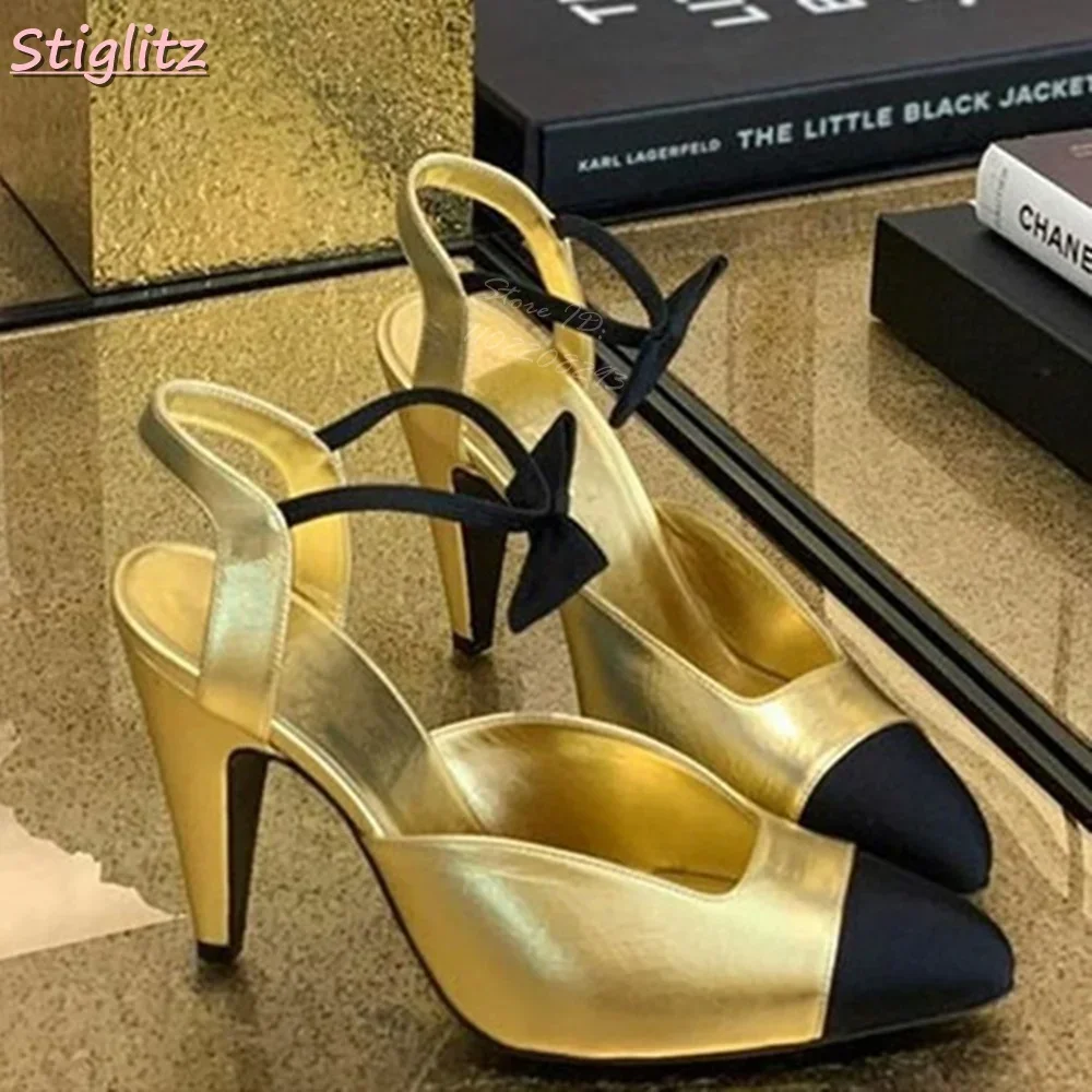 Splicing Bow Binding Sandals Pointed Toe Shallow Gold Fashion Women Shoes Special Heel Summer Spring Elegance Dress Leather Shoe
