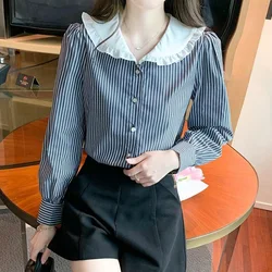 Striped Contrast Youth Shirt Tops Long Sleeve Loose All-match Patchwork Sweet Blouse Vintage Fashion Women Clothing Spring New