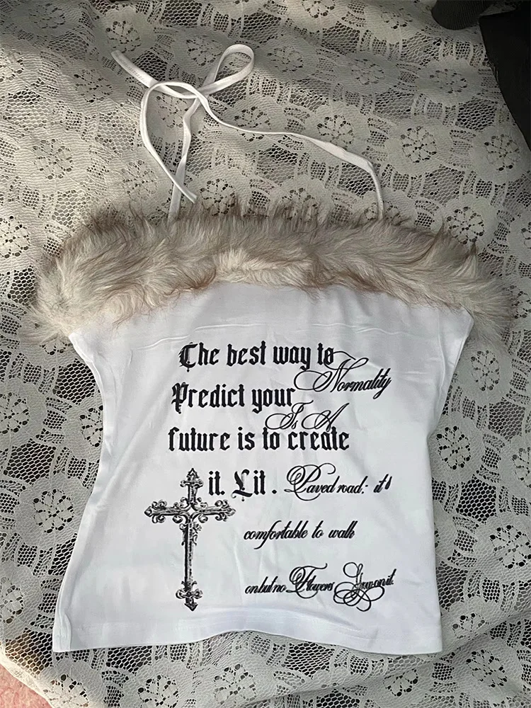 2026 Sommer Damen Y2K Grunge Goth Streetwear Sexy Kunstfell-Besatz Kreuz-Buchstaben-Print Slim Fit Cropped Neckholder Cami Tank Top – Detail 3