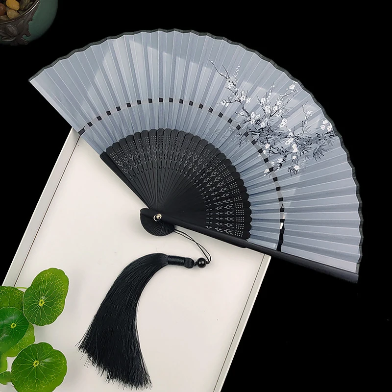 Vintage Chinese Style Silk Tassels Folding Fan Japanese Art Craft Gift Home Decor Ornaments Wedding Party Hanfu Dance Hand Fans