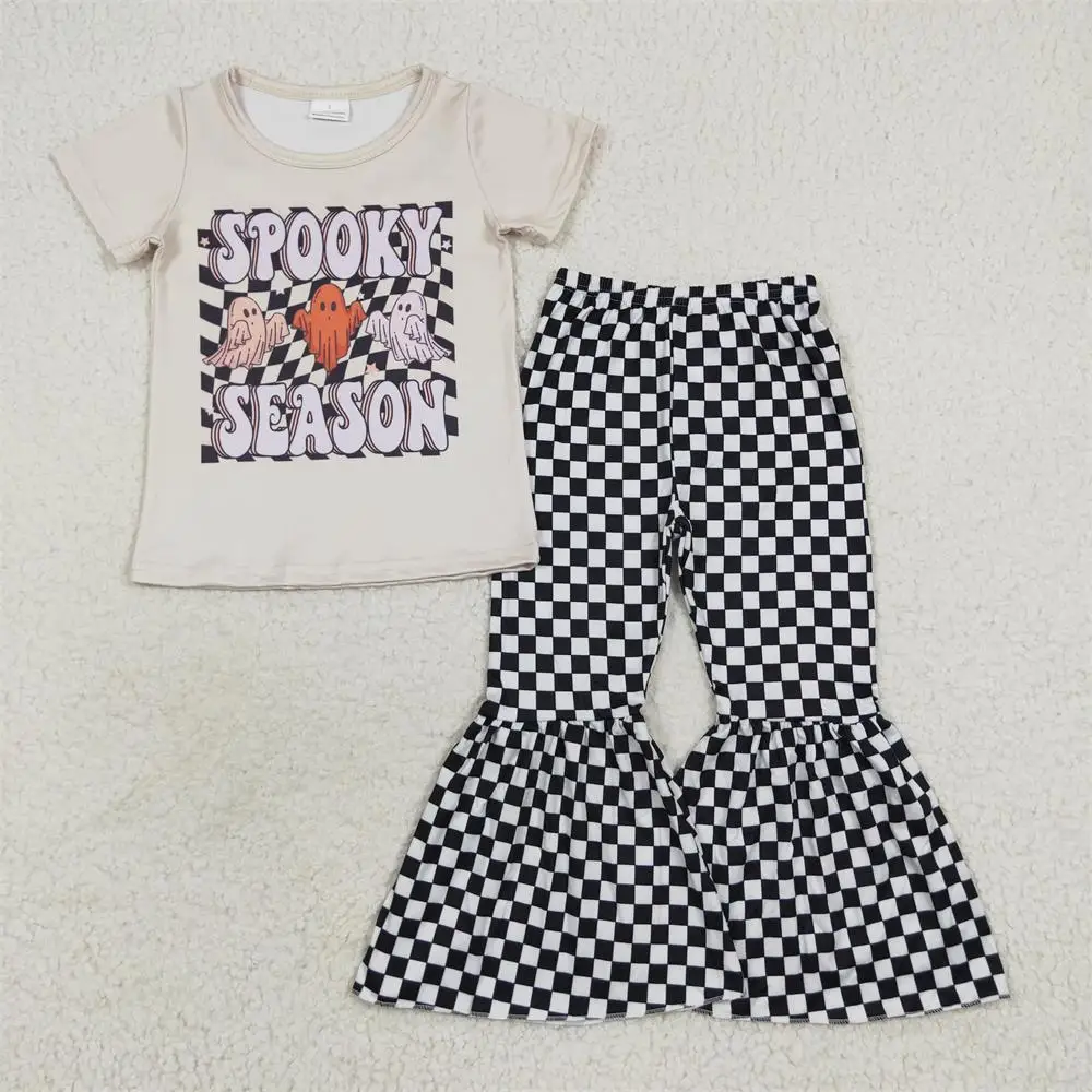 

Wholesale Baby Girl Halloween Short Sleeves Set Toddler Spooky T-shirt Black Checkered Bell Pants Kids Infant Children Outfit