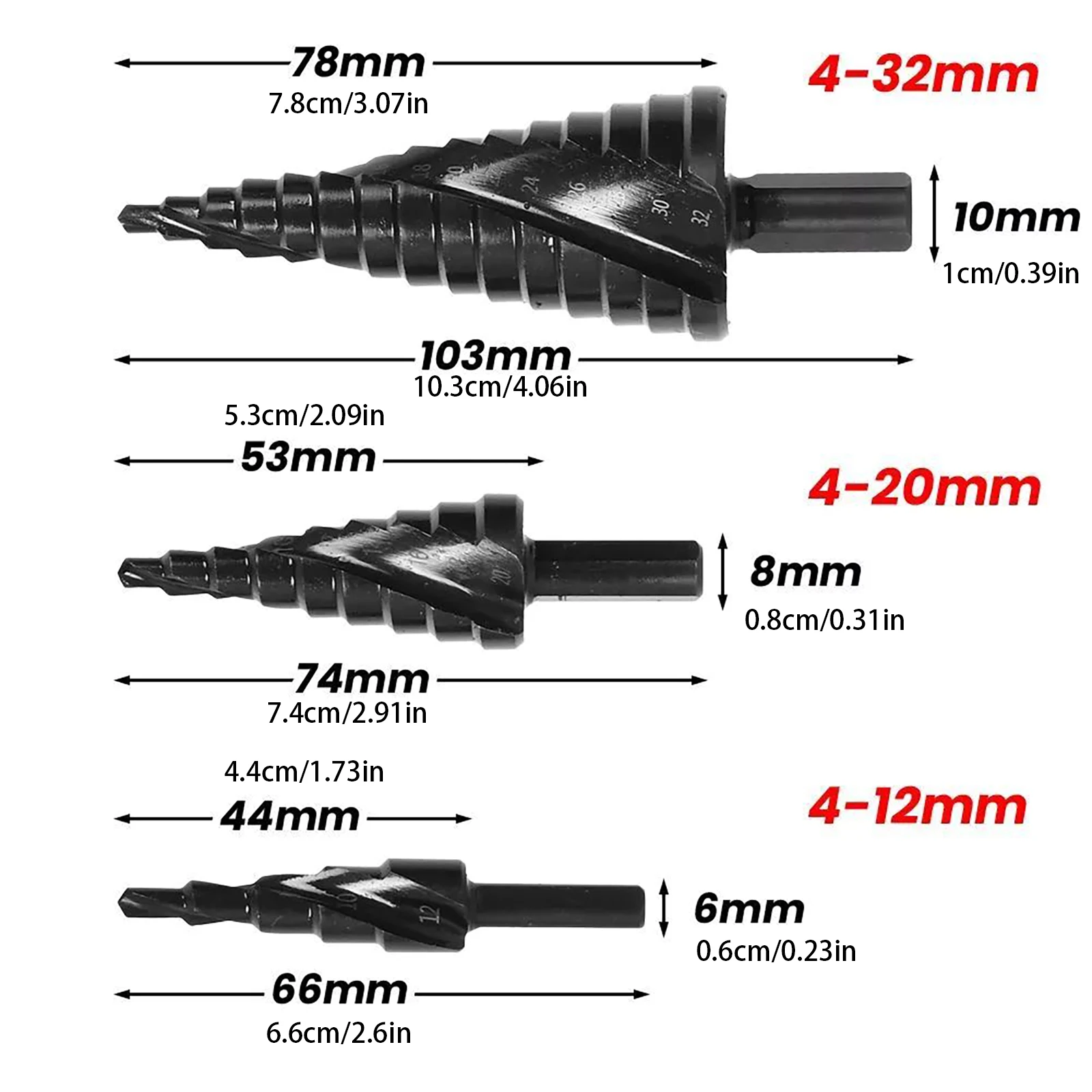 3Pcs HSS Spiral Groove Step Drill Bit Set 4-32mm Titanium Coated Unibit Cone Hole Cutter for Aluminum Wood PVC Drilling
