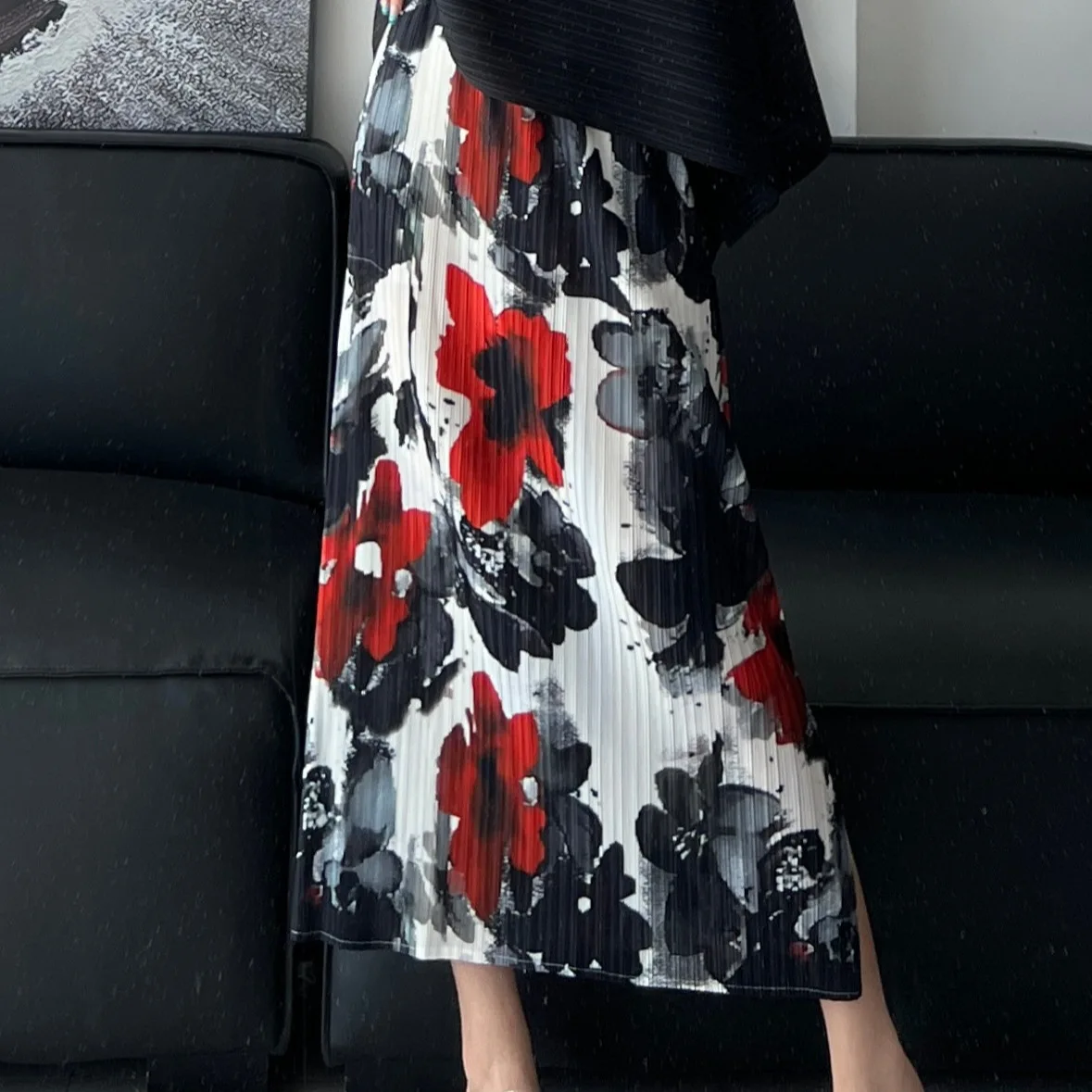 

Pleats Pleated Casual Printed Slim Thin Half-body Skirt Female Elastic Waist Printed Medium-length Versatile Temperament Skirt