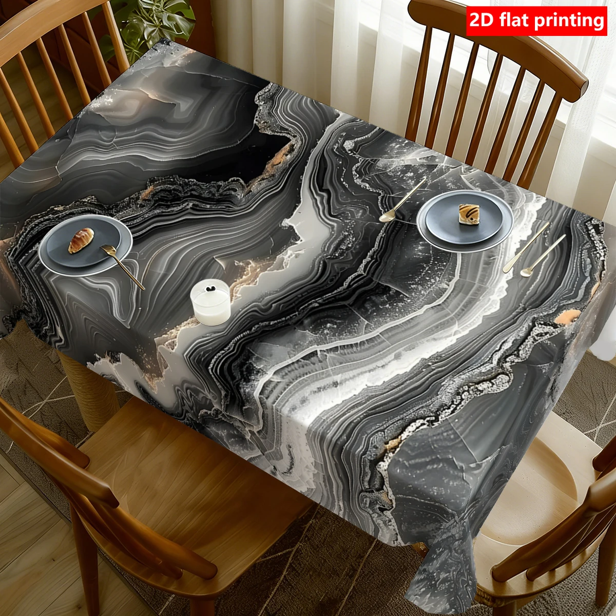 Luxury-lite black and gray striped tablecloth, durable polyester tablecloth, black and gray gradient texture.