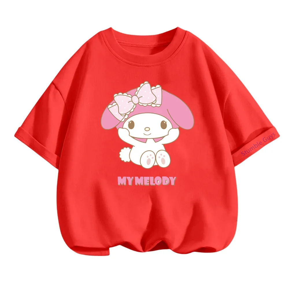 

Футболка Sanrio Kawaii My Melody для повседневной носки, от 3 до 14 лет, детская летняя повседневная одежда в стиле аниме для мальчиков и девочек