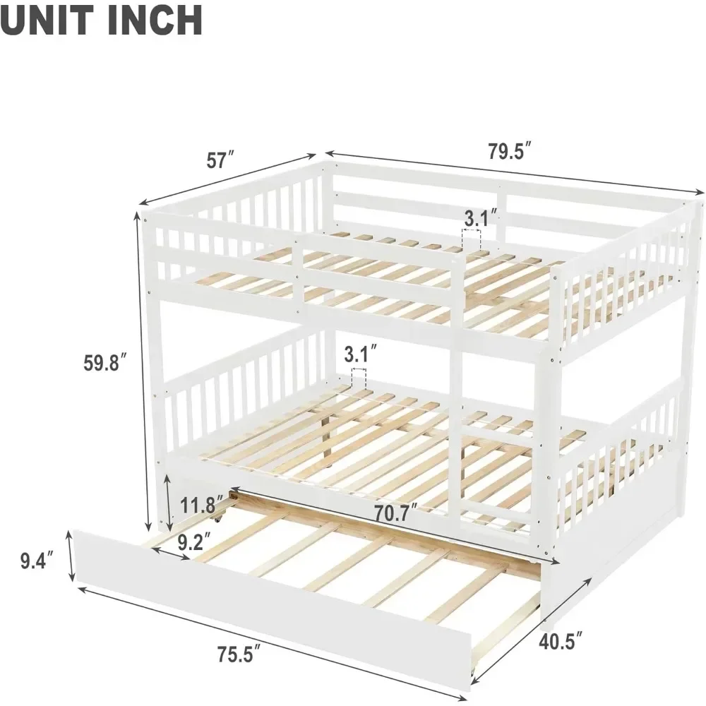 Bunk Bed, Convertible To 2 Full Size Platform Beds, with Twin Size Trundle Bed Frame and Safety Guard Rail,Solid Wood Bunk Beds