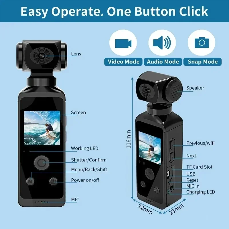 270° Rotatable Pocket 4K HD Action Camera with Optical Image Stabilizer and Waterproof Case