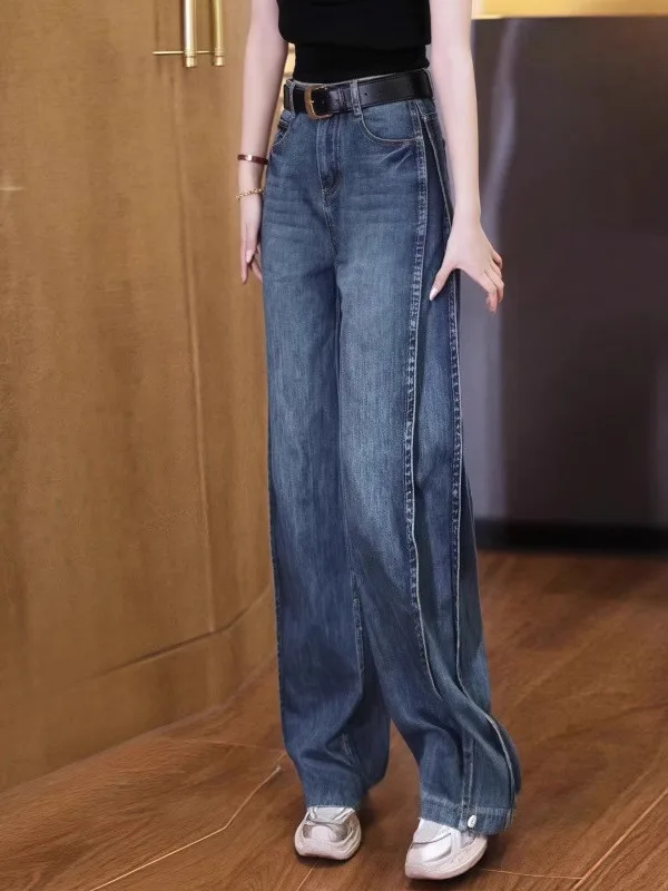 

Ретро-джинсы синего цвета для женщин, весна-осень 2025, новые американские джинсы с высокой талией, прямые, свободные, модель «Сэйви».