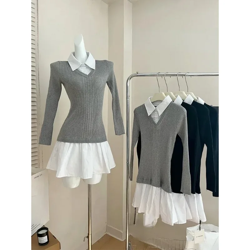 2024 New Preppy Style Fake Two Pieces Mini Knitted Shirts Dress Women Gyaru 2000s Aesthetic Vintage Long Sleeve One-Piece