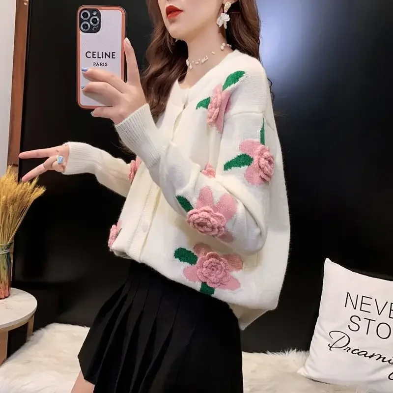 

Sweet Pink Floral Sweater Women's Clothing Spring Autumn Short Knitted Cardigan Coats Long Sleeve Tops Design Black White Jumper