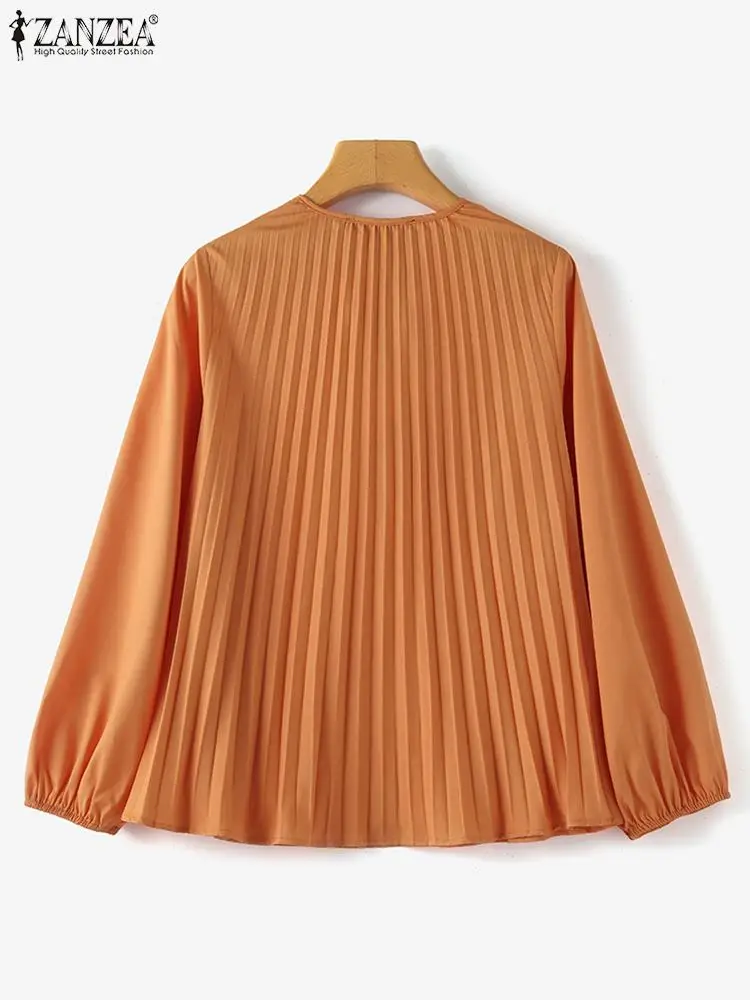 Women Solid Blouse ZANZEA Oversize 2023 Autumn Long Lantern Sleeve Tops Fashion Bowtie Neck Shirt Casual Hollow Out Pleats Blusa