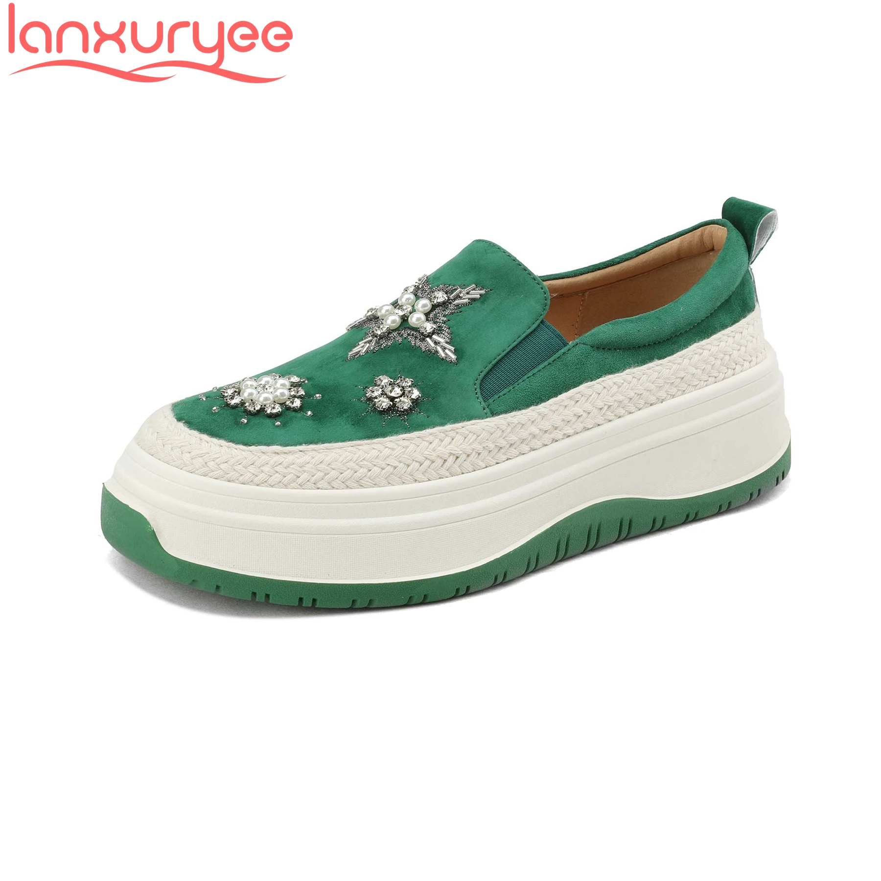 Lanxuryee Sheep Suede High Heels Platform Rhinestone Spring Women Vulcanized Shoes Superstar Dress Loafers Luxury Brand Sneakers