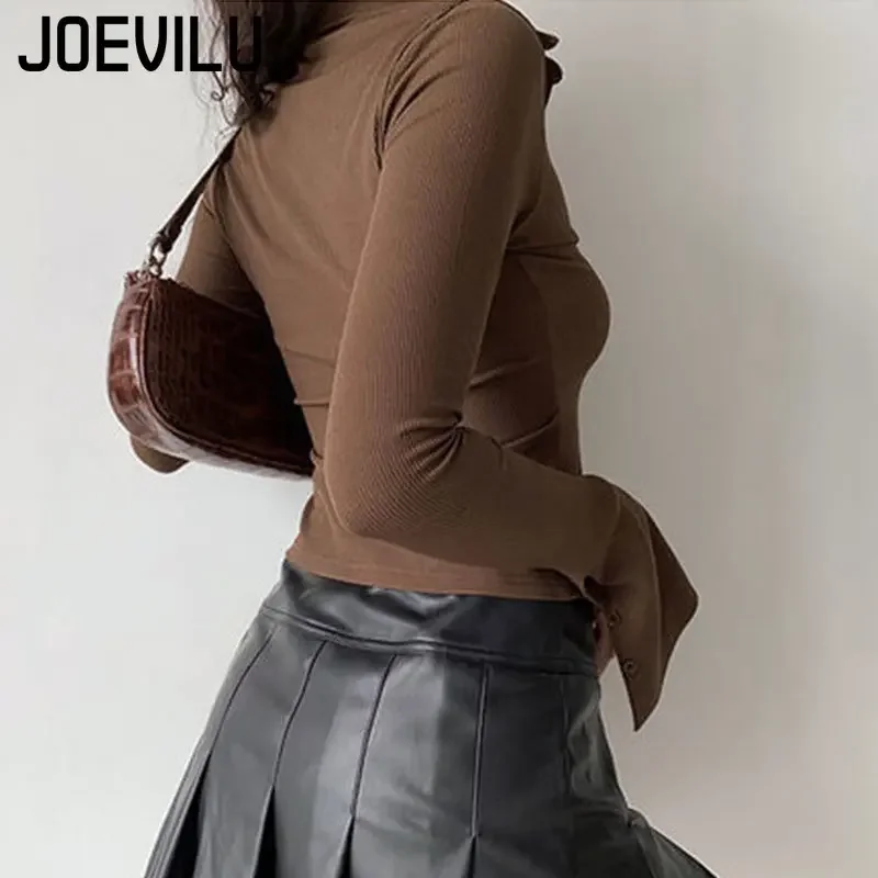 JOEVILU Aesthetic Tops Women\'s Polo Neck Single Breasted Blouses Sexy Skinny Flare Long Sleeve Shirts Korean Streetwear Clothes