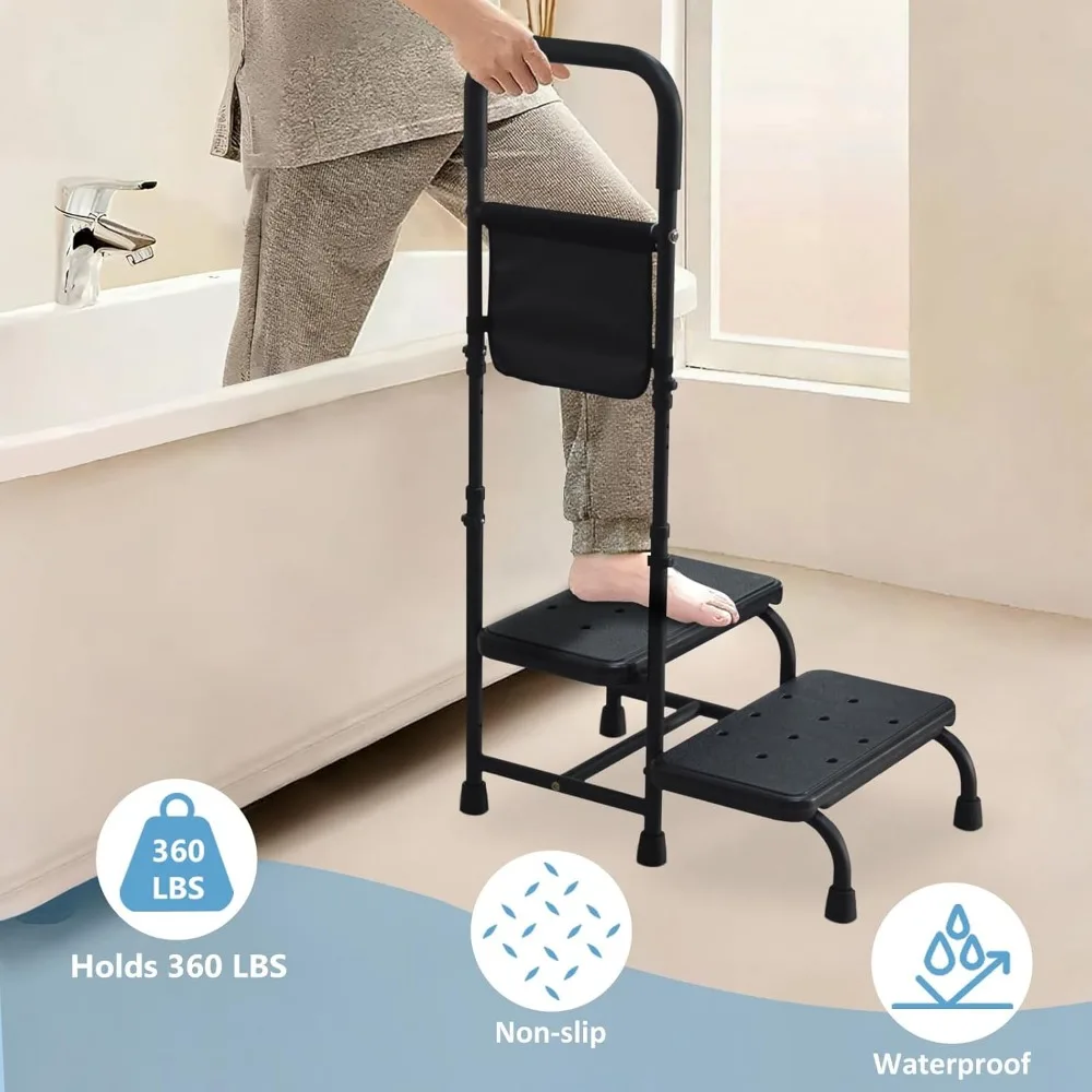 Adjustable Handrail Step Stool for Seniors, Portable Two-Step Footstool with Non-Slip Platform for Bed & Bathroom