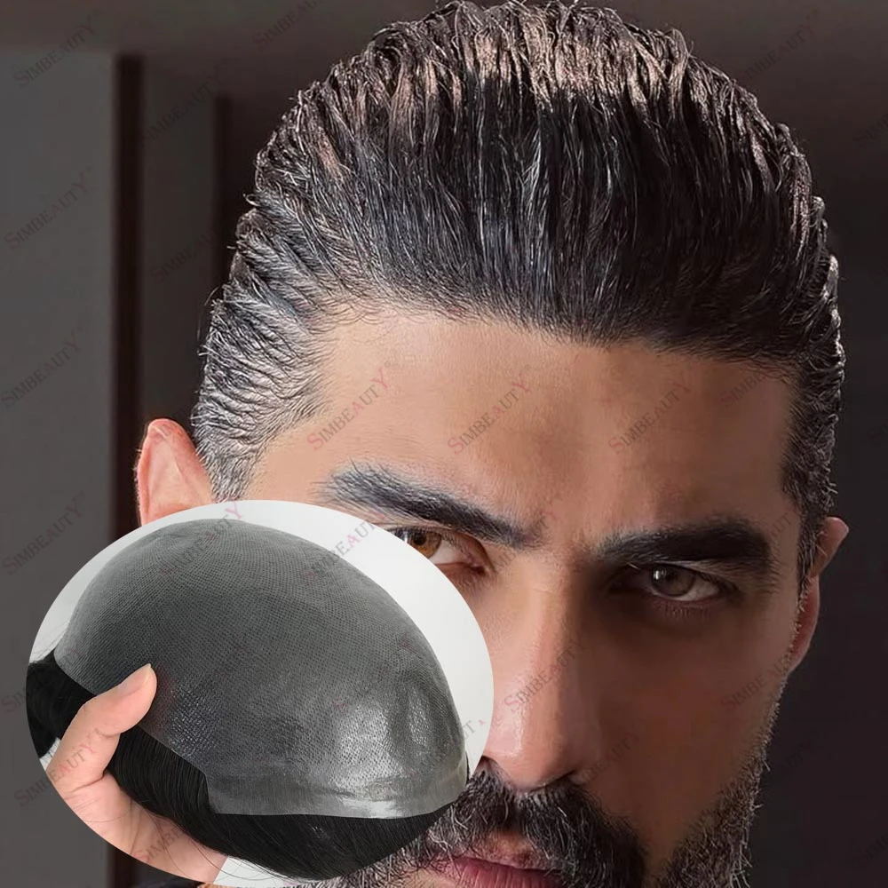 

Realistic Hairline Durable Microskin 0.06-0.08mm Poly Skin V-loop Human Hair Toupee for Male Hair Loss Comfort Skin Soft Wig