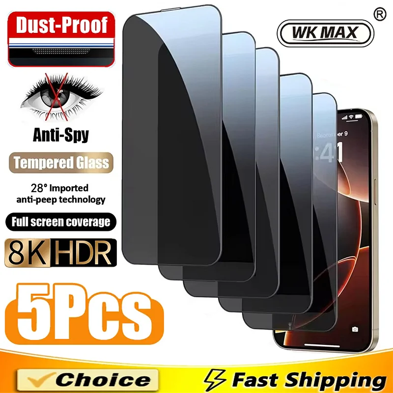 

5Pcs 3D Dust Free Privacy Screen Protector For iPhone 16 15 17 Pro Max 14 Plus Anti-spy Glass For iPhone 11 12 13 PRO XS MAX XR
