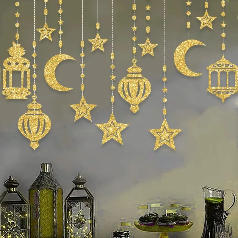 8 قطع من زينة رايا رمضان، حقيبة هدايا، نجمة قزحية الألوان، فانوس القمر، إكليل رمضان، ديكور العيد، ديكور المنزل السعيد