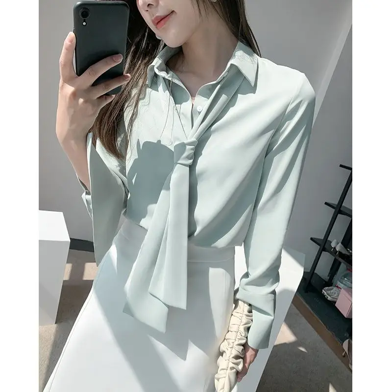 Women Spring New Detachable Ribbon Long-sleeved Office Lady White Shirts Korean Fashion Female Tops TT840