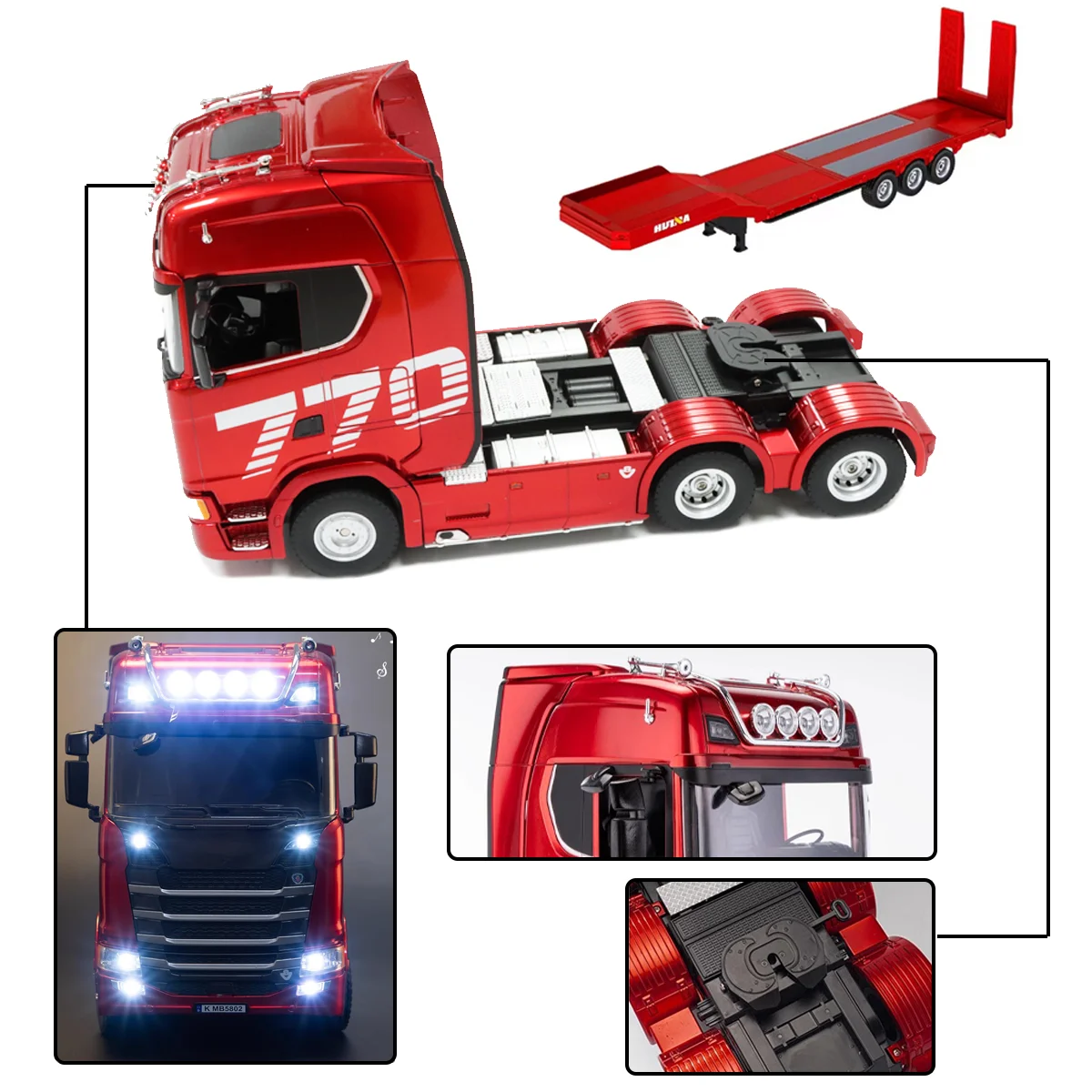 1/18 RC-Truck 19CH 770S Legierungs-Traktor mit Anhänger 1501+1502 2,4G Ferngesteuerter Bau-Truck mit Licht und Sound Spielzeug