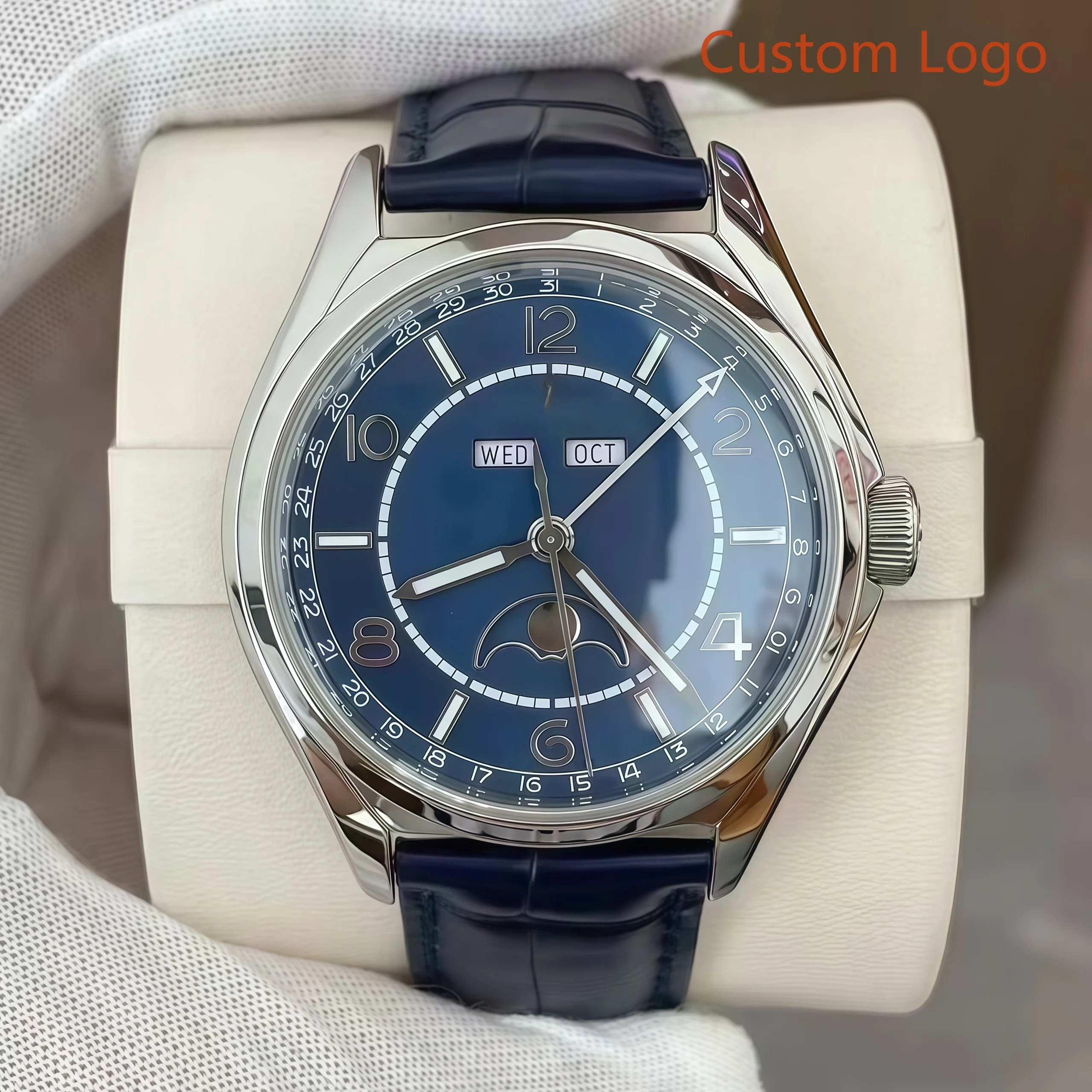 LONG GE Men 40mm Automatic Watch Week Month Date Display Black Leather Strap Waterproof Business Luxury Male Customized Watches