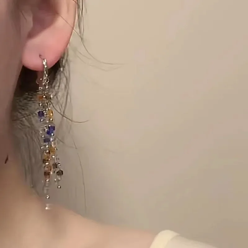 New Colorful Crystal Long Tassel Ear Clips for Women Cute Fashionable Daily Earrings Accessories Party Jewelry Birthday Gifts